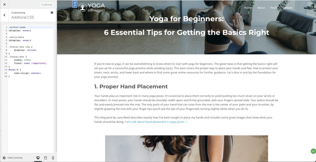Making the Yoga Enthusiast website, first blog post custom CSS