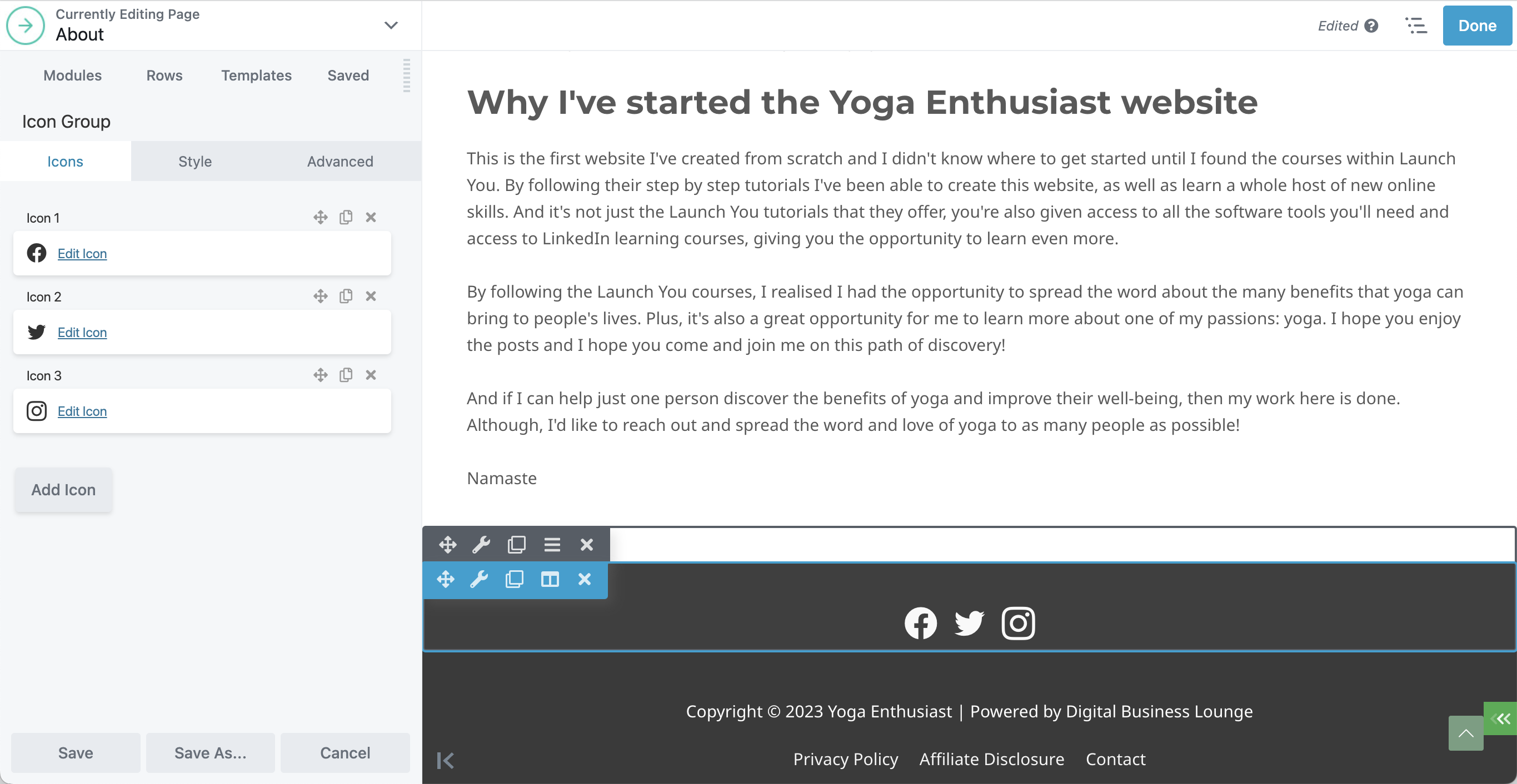 Making the Yoga Enthusiast website, icon group